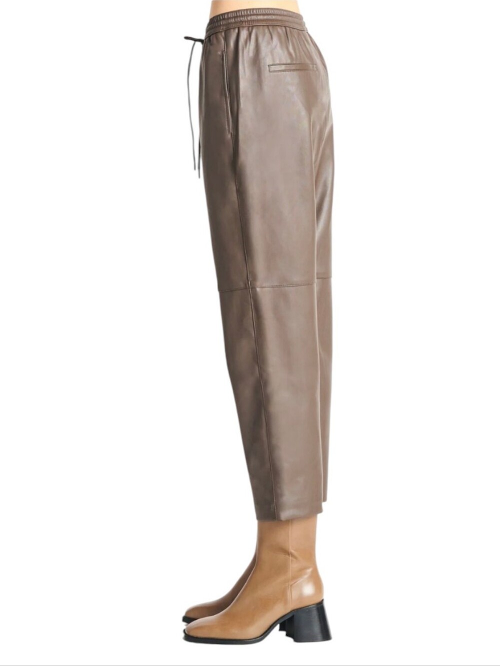 NEW Dex Faux Leather Drawstring Joggers / Cropped Trousers - Olive Brown - Picture 2 of 5